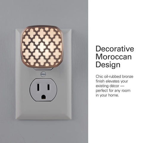 Ambient LED Night Light 2 Pack With Dusk To Dawn Sensor, Oil Rubbed Bronze Moroccan Design, Plug In, UL Certified in outlet.