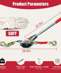 YATOINTO rope puller with 50 ft 0.6 in polyester rope, 1.5 ton capacity, two hooks, red handle