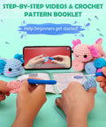 Hands using All In One Beginner Crochet Kit With Axolotl Pattern And Video Tutorials For Adults And Teens Starter Friendly No Fuss Do It Yourself Knitting Set With Four Easy Yarns Stuffing Hooks Safety Eyes Scissors Pattern Guide And Basic Manual with phone video guide and axolotl toys displayed.