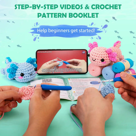 Hands using All In One Beginner Crochet Kit With Axolotl Pattern And Video Tutorials For Adults And Teens Starter Friendly No Fuss Do It Yourself Knitting Set With Four Easy Yarns Stuffing Hooks Safety Eyes Scissors Pattern Guide And Basic Manual with phone video guide and axolotl toys displayed.