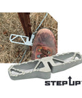 Heavy Duty Aluminum T Post Fence Step With Integrated Nylon Pouch Rock Solid Grip used securely with a boot on a T post.