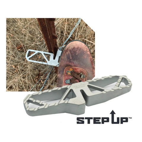 Heavy Duty Aluminum T Post Fence Step With Integrated Nylon Pouch Rock Solid Grip used securely with a boot on a T post.