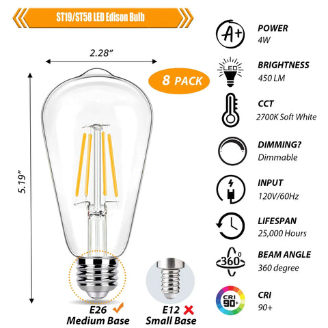 16 Pack Vintage LED Edison Bulbs 40W Equivalent Dimmable 4W Filament Bulbs 2200K Amber White ST19 E26 For Ceiling Light Fixtures