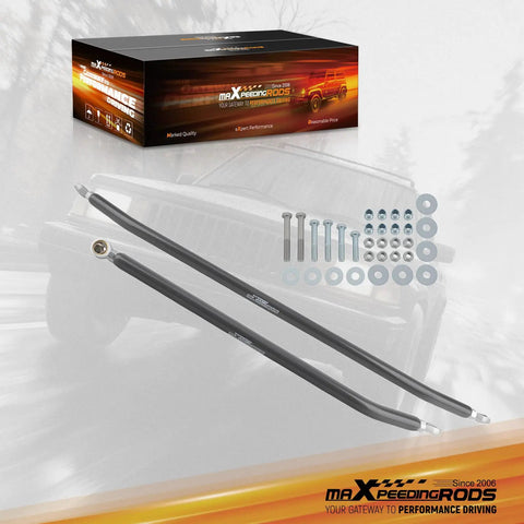 Beefed Up Steering Kit With Adjustable Heim Joints For Cherokee XJ, Grand Cherokee ZJ, Comanche MJ, Wrangler TJ And LJ With 2.5 Inch Lift Upgrade For Off Road Toughness, Precise Steering And Smooth Handling front view with rods, bolts, and washers