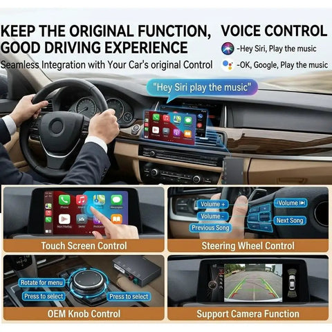 BMW Wireless CarPlay Android Auto Retrofit Kit Decoder Box for NBT System in use with touchscreen and steering wheel controls.