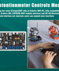Adeept 5DOF robotic arm kit; Arduino-compatible PCB left, two small robotic arms on desk right.