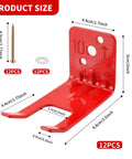 Dimensions of a red iron fire extinguisher bracket with screws and spacers, part of 12 Pack Heavy Duty Fire Extinguisher Brackets Universal Wall Mounts With Screws For 5 Lb To 13 Lb Fire Extinguishers Iron Wall Hangers Rust Resistant And Easy Install.
