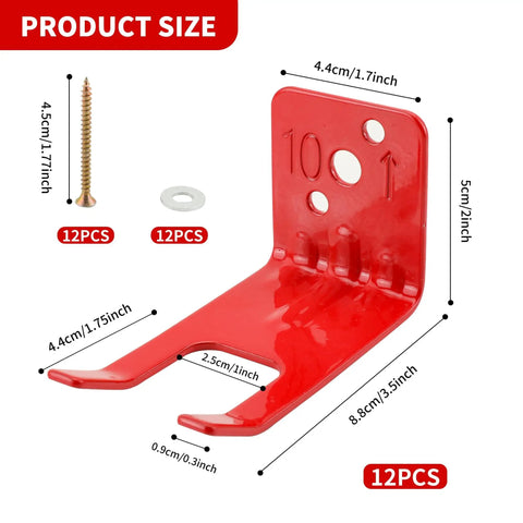Dimensions of a red iron fire extinguisher bracket with screws and spacers, part of 12 Pack Heavy Duty Fire Extinguisher Brackets Universal Wall Mounts With Screws For 5 Lb To 13 Lb Fire Extinguishers Iron Wall Hangers Rust Resistant And Easy Install.