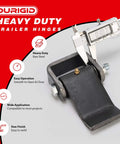 Heavy Duty Weld On Dump Trailer Hinge Set With Zerk Grease Fitting, strap door hinges, raw finish, shown with measuring tool