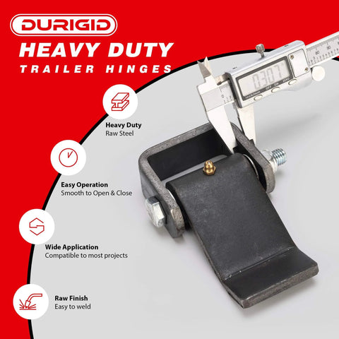 Heavy Duty Weld On Dump Trailer Hinge Set With Zerk Grease Fitting, strap door hinges, raw finish, shown with measuring tool