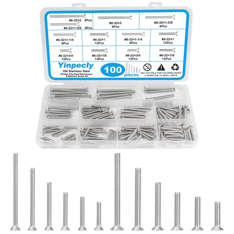 100 Piece Electrical Screw Kit With 6-32 And 8-32 Phillips Flat Head Screws, 304 Stainless Steel Outlet Mounting Screws For Wall Plates, Switches, Receptacles - Handy DIY Pro Grade Set