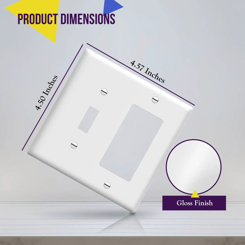 2 Gang White Decorator And Toggle Wall Plate Set, 4.50 x 4.57 inches dimensions, gloss finish, unbreakable polycarbonate construction