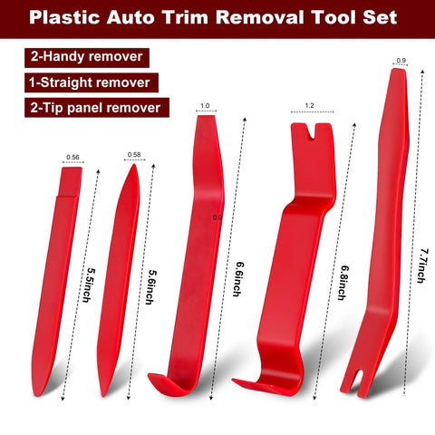 Solid Gear 8 Piece Auto Trim Removal Kit With Non Scratch Pry Bars And Heavy Duty Fastener Clip Pliers For Smooth Car Panel And Dash Restoration Jobs Daily showing red plastic tools of various sizes.