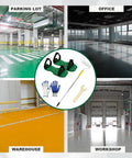 Four Piece Nine Inch Spiked Roller Set For Self Leveling Concrete And Epoxy Floors With Spike Shoes 43 Inch Telescoping Pole And Non Slip Gloves displayed over industrial spaces in use