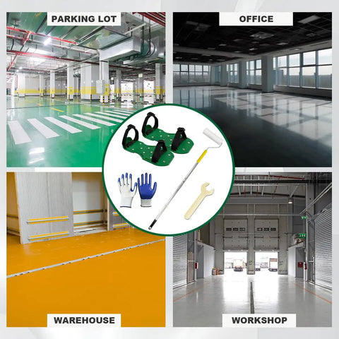 Four Piece Nine Inch Spiked Roller Set For Self Leveling Concrete And Epoxy Floors With Spike Shoes 43 Inch Telescoping Pole And Non Slip Gloves displayed over industrial spaces in use