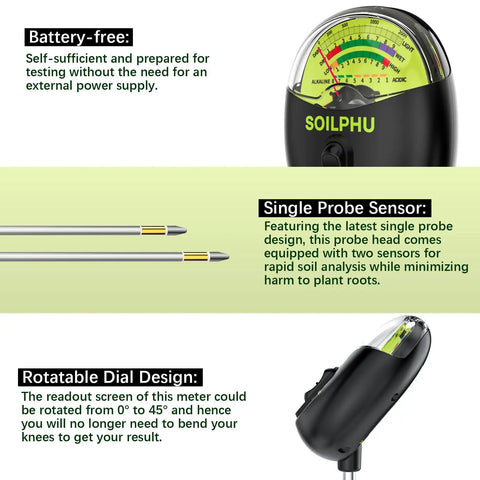 Close-up of 4 In 1 Soil Tester Moisture pH Sunlight And Fertility Meter showing dial, single probe sensor, and rotatable design.