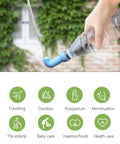 Hand holding bottle with Three Pack Portable Bidet For Toilet And Travel On The Go, Ultra Lightweight Shattaf Bidet Sprayer, water flow.