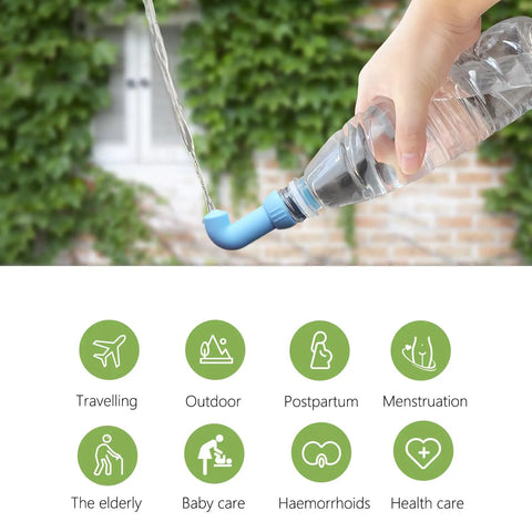Hand holding bottle with Three Pack Portable Bidet For Toilet And Travel On The Go, Ultra Lightweight Shattaf Bidet Sprayer, water flow.