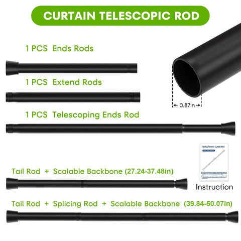 Adjustable Tension Curtain Rods 28 To 48 Inches No Drill Install Black Expandable Spring Rod components and sizes