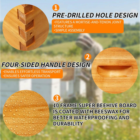 Two Pack 10 Frame Langstroth Medium Super Beehive Box with pre-drilled holes, four-sided handles, beeswax coating, and details.