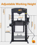 Heavy Duty 50 Ton H Frame Hydraulic Shop Press With Solid Steel Build And Floor Plates Designed For Garage Work And Auto Repair Jobs Built Tough To Handle Daily Grind Without Compromise - adjustable height specifications and measurements.