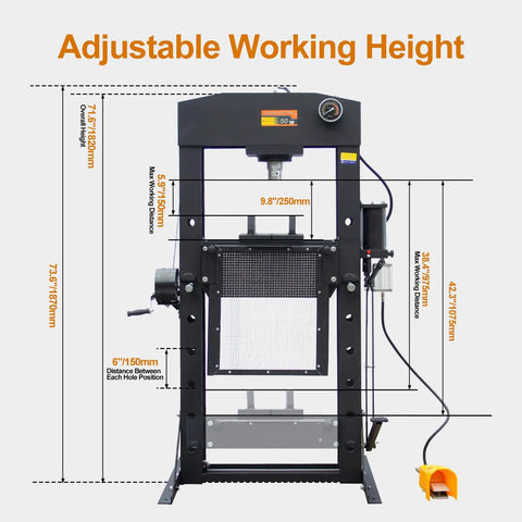 Heavy Duty 50 Ton H Frame Hydraulic Shop Press With Solid Steel Build And Floor Plates Designed For Garage Work And Auto Repair Jobs Built Tough To Handle Daily Grind Without Compromise - adjustable height specifications and measurements.