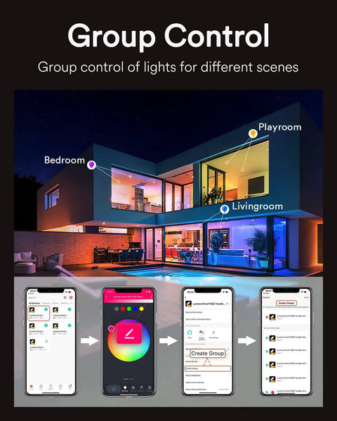 Smart home showing group control of Slim 6 Inch Smart LED Recessed Downlight With Junction Box, 13W 1100LM via mobile app