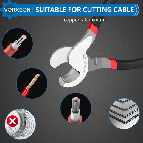 10 Inch High Leverage Cable Cutter Pliers cut through copper and aluminum wires with precision and heat treated blades.