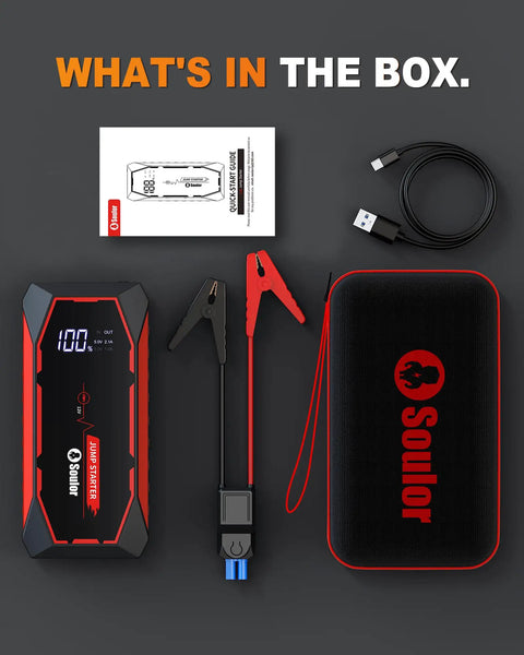 Powerful 5000A Jump Starter Pack For Cars And SUVs, 12V Lithium Battery Booster With LED Lights, cables, and user manual