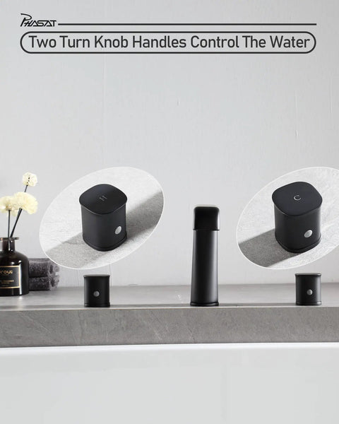 Matte Black Deck Mount Bathtub Faucet With Waterfall Flow Three Hole Tub Filler With Two Handles All Brass Construction Ceramic Cartridge