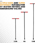 Built To Last 28 Inch Water Meter Key With Wide T Handle And U Shaped Head Heavy Duty Rebar Steel Construction Long Reach For Hard To Reach Meters And Valves No Slip Grips For Easy Turn On Off shown in three sizes
