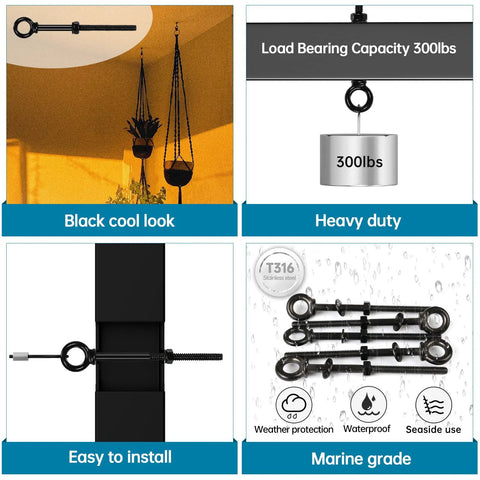 Image displaying Five Pack Eye Bolts With Nuts And Washers, Drill Bit Included, Heavy Duty Eyebolts With Black Finish In Marine Grade T316 Stainless Steel installed, showcasing black cool look, load bearing capacity, and easy installation.