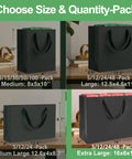 Image showcasing various sizes of black gift bags, highlighting Extra Large Black Gift Bags With Handles 16 By 6 By 12 Inches 3 Pack.