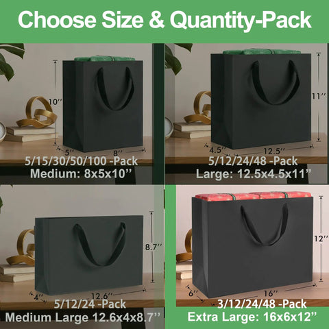 Image showcasing various sizes of black gift bags, highlighting Extra Large Black Gift Bags With Handles 16 By 6 By 12 Inches 3 Pack.