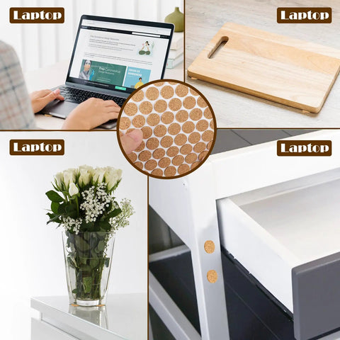 Top Shelf Bulk Pack 2000 Self Adhesive Cork Bumper Pads For Cabinet Doors Furniture Protectors on tabletop, laptop, and drawer.