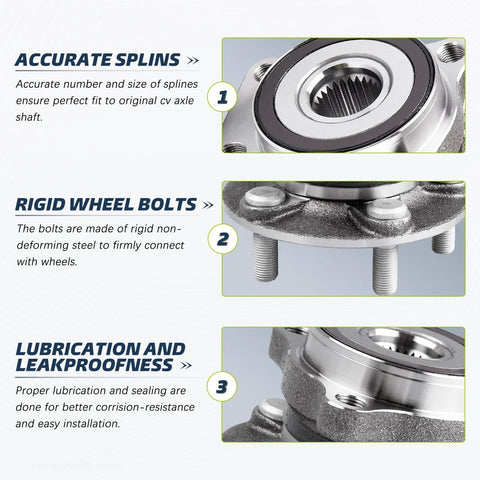 Close-up of front driver and passenger CV axle and wheel bearing hub assembly for Subaru Legacy Outback 2005 2009 with splines, bolts, and sealing features visible.