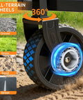 Collapsible Wagon Cart With All Terrain Wheels showing 360-degree rotation for gravel, grass, sand, and street surfaces.