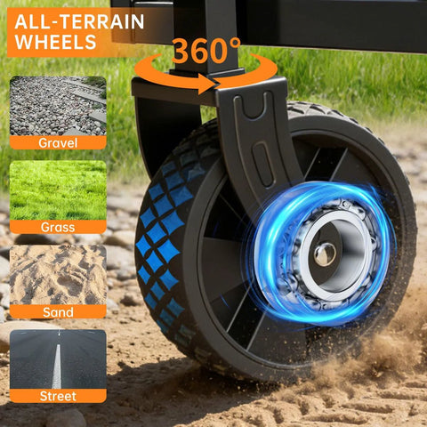 Collapsible Wagon Cart With All Terrain Wheels showing 360-degree rotation for gravel, grass, sand, and street surfaces.