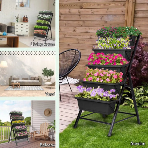 5 Tier Elevated Garden Bed With Lockable Caster Wheels for freestanding vertical growing, five black planter boxes in yard