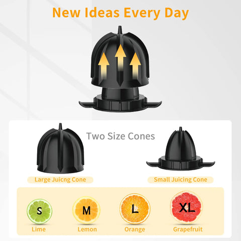 Healnitor 150W Electric Citrus Juicer with Two Cones, showing large and small juicing cones for lime, lemon, orange, and grapefruit.