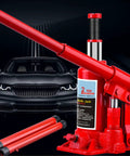 Heavy Duty Top Shelf Rock Solid Two Ton Hydraulic Bottle Jack Smooth Manual Car Lift For Garage And Shop with accessories in red.