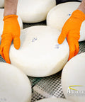 Outrageous Orange Heavy Duty Disposable Nitrile Gloves handling cheese wheels in food prep area.