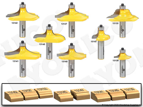 8 Bit Table Edge Router Bit Set With Half Inch Shank for Smooth Ornate Edge Profiles, various heads with silver carbide blades.