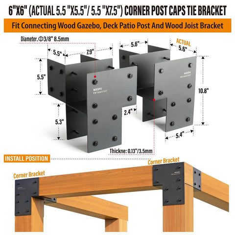 4 Pack Heavy Duty Stainless Steel Corner Post Cap Tie Brackets For 6x6 Posts Actual 5.5x5.5 Fit Connecting Wood Gazebo Deck Patio Posts And Wood Beams Dark Gray
