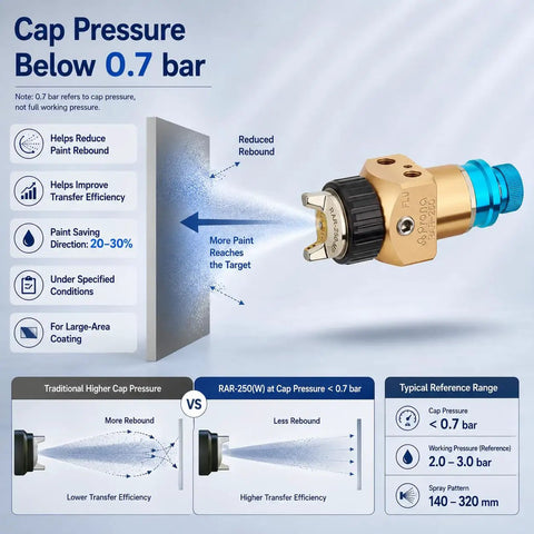 Heavy Duty Automatic Spray Gun With 1.2Mm Nozzle And Pressure Feed System Featuring Low Pressure Mp Atomization For Robotic Arm Integration spraying paint with reduced rebound and high transfer efficiency.