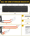 Garage Wall Mount Tool Organizer With Heavy Duty Hooks 48 Inch Steel Yard And Garden Tool Holder Holds Up To 450 Lbs For All Your Gear Rake Broom Mop Snowboard And More Keeps Your Workshop Shed And Garage Clutter Free shown in parts with measurements