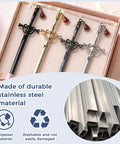 Three Piece Zinc Alloy Letter Opener Set In Bright Multicolor, with sword-shaped handles in a box.