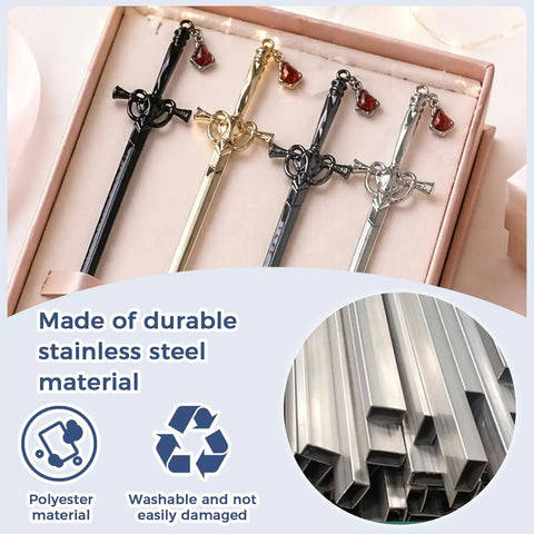 Three Piece Zinc Alloy Letter Opener Set In Bright Multicolor, with sword-shaped handles in a box.
