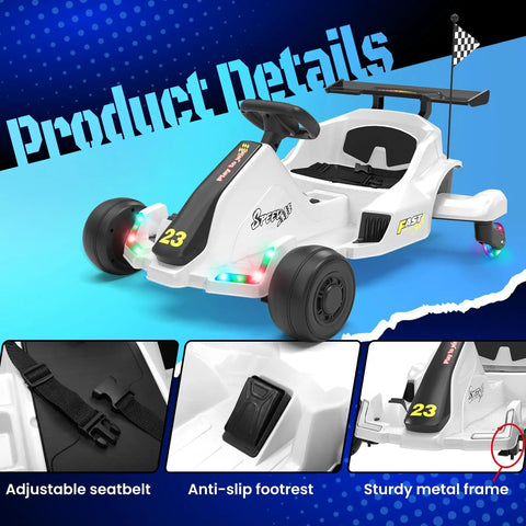 12V Kids Electric Drift Go Kart For Ages 4 And Up With Music And LED Lights Swivel Rear Wheels Adjustable Seat Belt