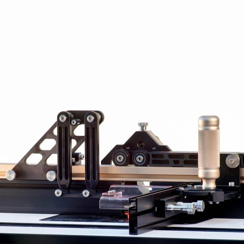 Close-up of Miter Slide II Precision Miter Slot Accessory for Woodworking Router Tables With Dual Aluminum Tracks, focusing on locking handle.